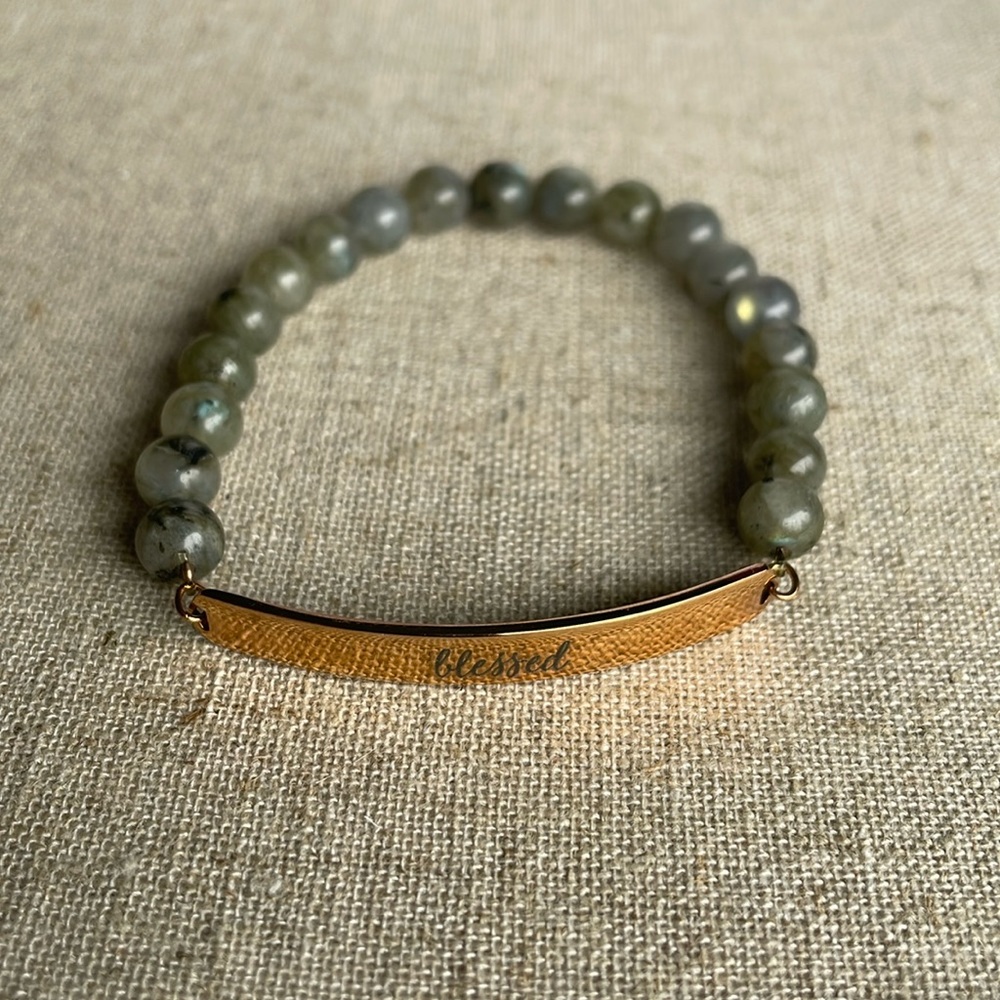 Stella & Dot Labradorite Beaded Bracelet with Gold "Blessed" Bar